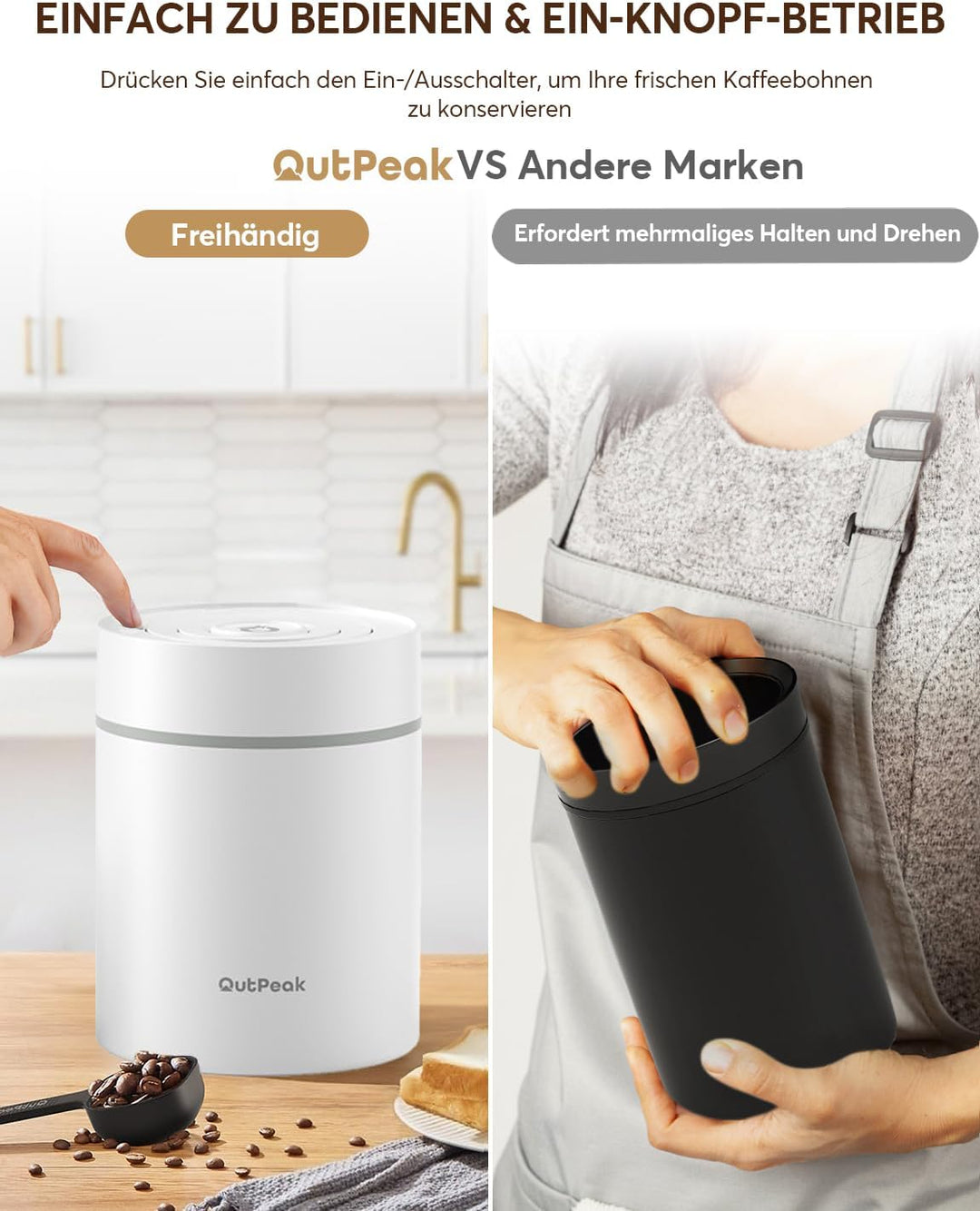 OUTPEAK Neo 2025 Kilo Auto-Vakuum-Kaffeedose, 1,5 l Fassungsvermögen für 500 ml Kaffeebohnen, Ein-Kn