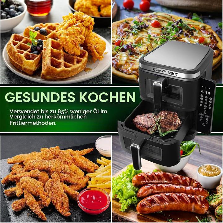 Comfy Nest, 11-Liter-Doppelkorb-Luftfritteuse mit 12 Kochprogrammen, Heissluftfritteuse, schneller L