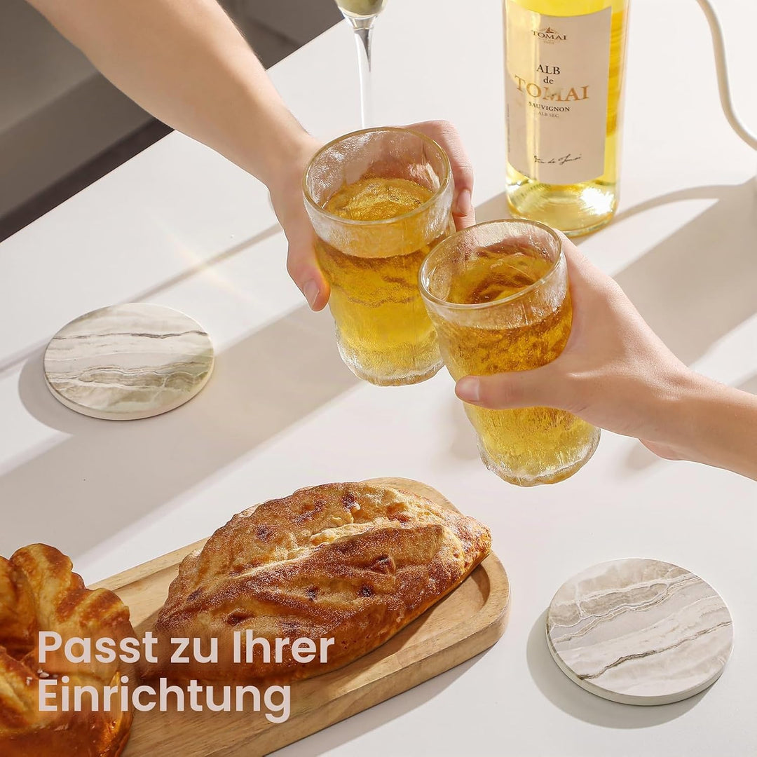 LIFVER Untersetzer Gläser, 6er Glasuntersetzer Set im Marmor-Stil, Saugfähige Untersetzer mit Korkbo