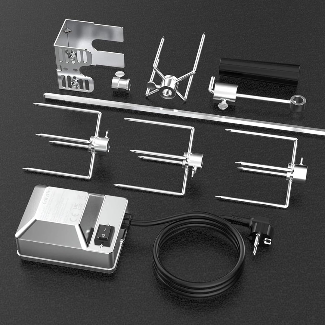 Onlyfire BRK-6032 Universal Verchromter Grillspiess Set, 100 cm Rotisserie Drehspiess, 4X Fleischnad