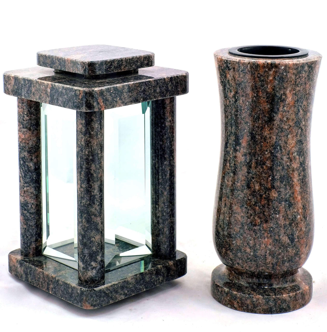 designgrab Modern Grablampe mit Vase aus Granit Himalaya, Grabschmuckset