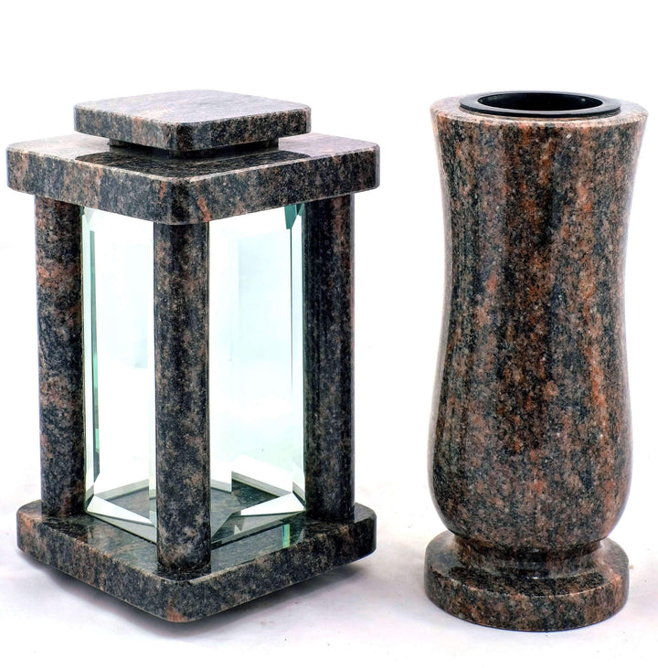 designgrab Modern Grablampe mit Vase aus Granit Himalaya, Grabschmuckset