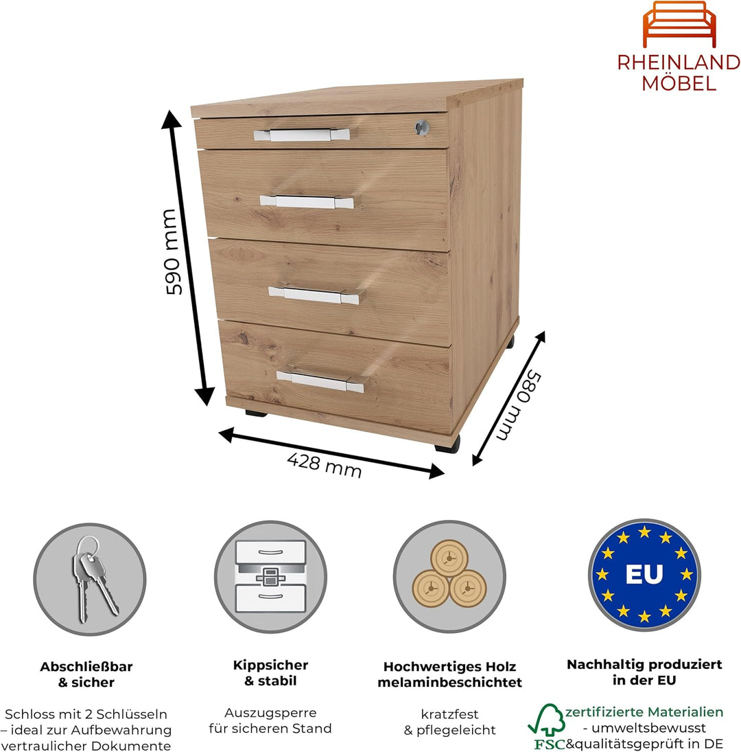 Rollcontainer CADI 43×58×59 cm – abschliessbarer Bürocontainer in Asteiche mit Orga- & 3 Universal-S