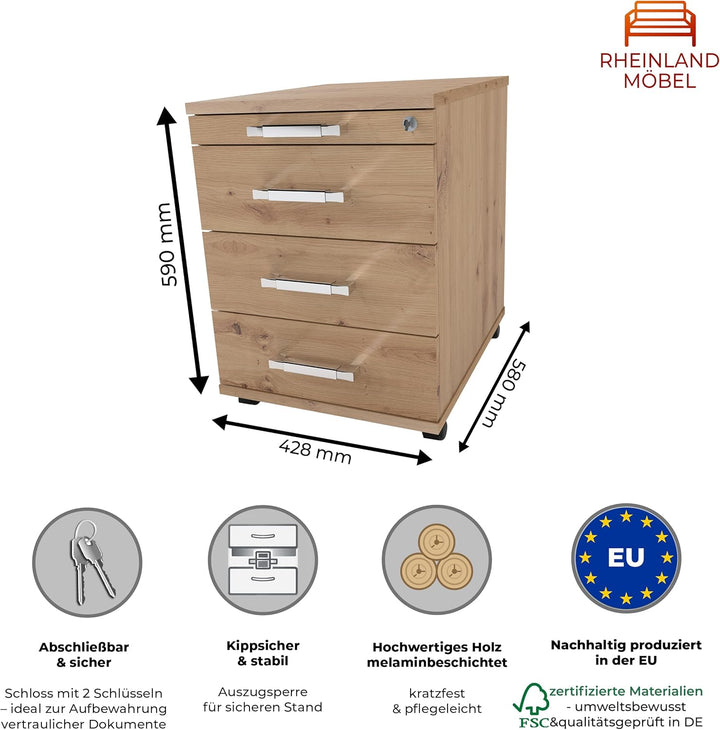 Rollcontainer CADI 43×58×59 cm – abschliessbarer Bürocontainer in Asteiche mit Orga- & 3 Universal-S