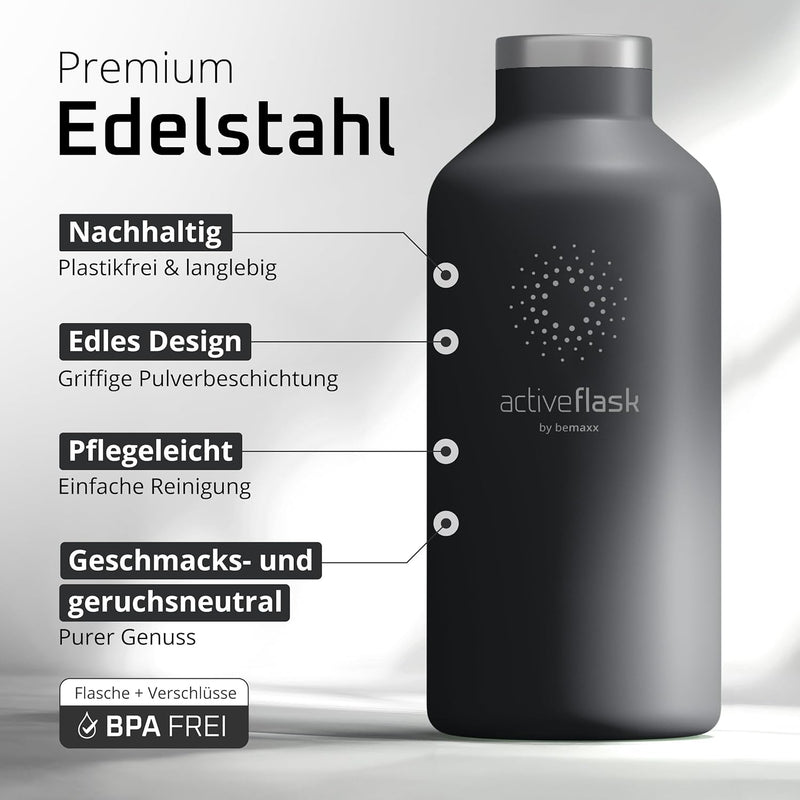 Trinkflasche Edelstahl mit Strohhalm, Infuser + 3 Deckel: BPA-frei, Auslaufsicher, Kohlensäure geeig