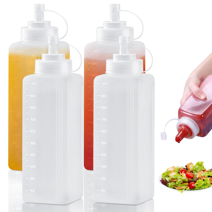 4 Stück Squeeze Flasche, 1000ml Quetschflasche mit Kappen, Squeeze Condiment Flaschen, Leer Plastick