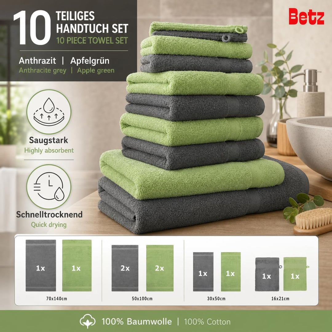 Betz Premium Frottier Handtuch-Set 10-teilig - 2X Duschtücher - 4X Handtücher - 2X Gästetücher - 2X