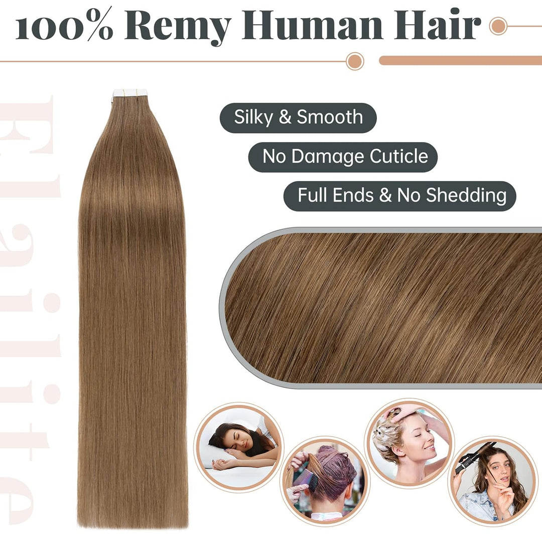 Elailite Echthaar Extensions Tape in #6 Mittelbraun 20 stück Invisible Kleber Haarverlängerung Klebe