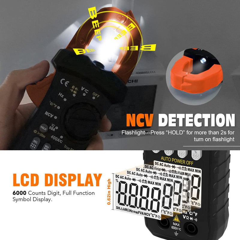 LYCEBELL Stromzange, LC-7200B TRMS Strommesszange Multimeter, Zangenmultimeter für AC DC Spannung &