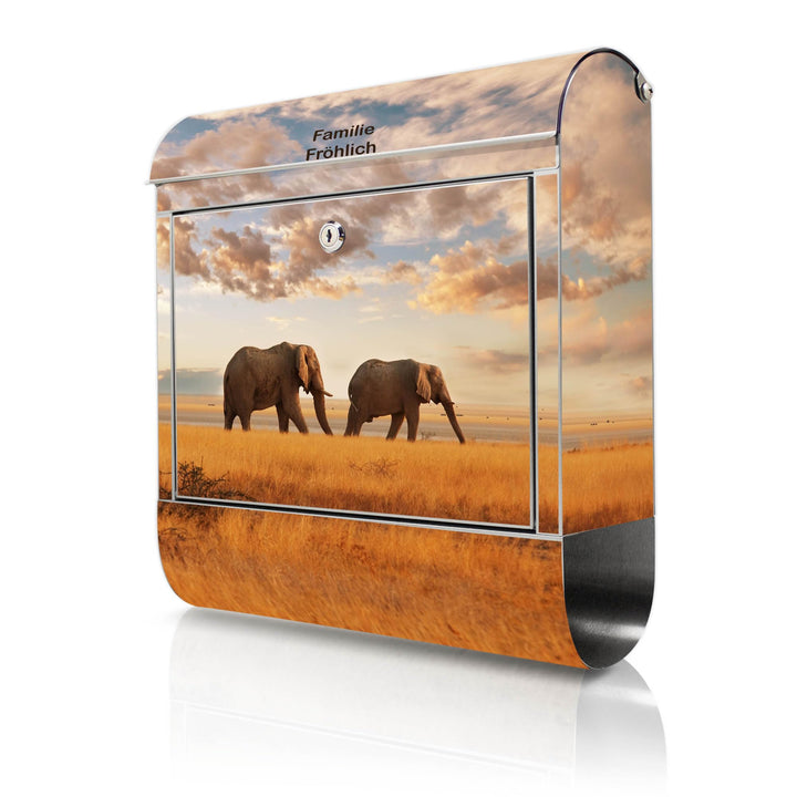 banjado® Briefkasten Edelstahl personalisiert mit Motiv Elefanten 38x43x12cm &amp; 2 Schlüssel - rostfre