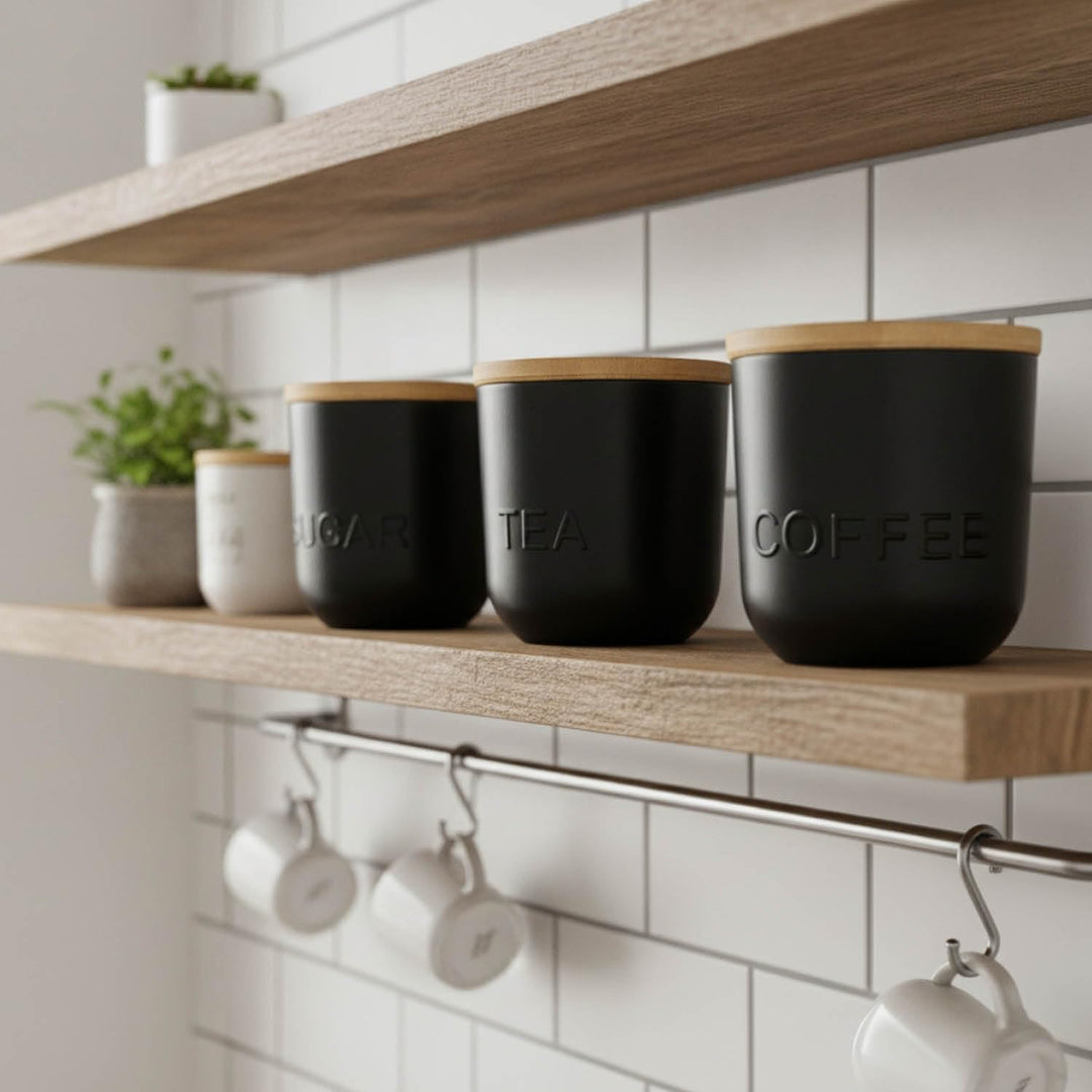 com-four® 3er Vorratsdosen Set mit Bambusdeckel, Kaffee, Tee und Zucker | runde Vorratsbehälter je 1