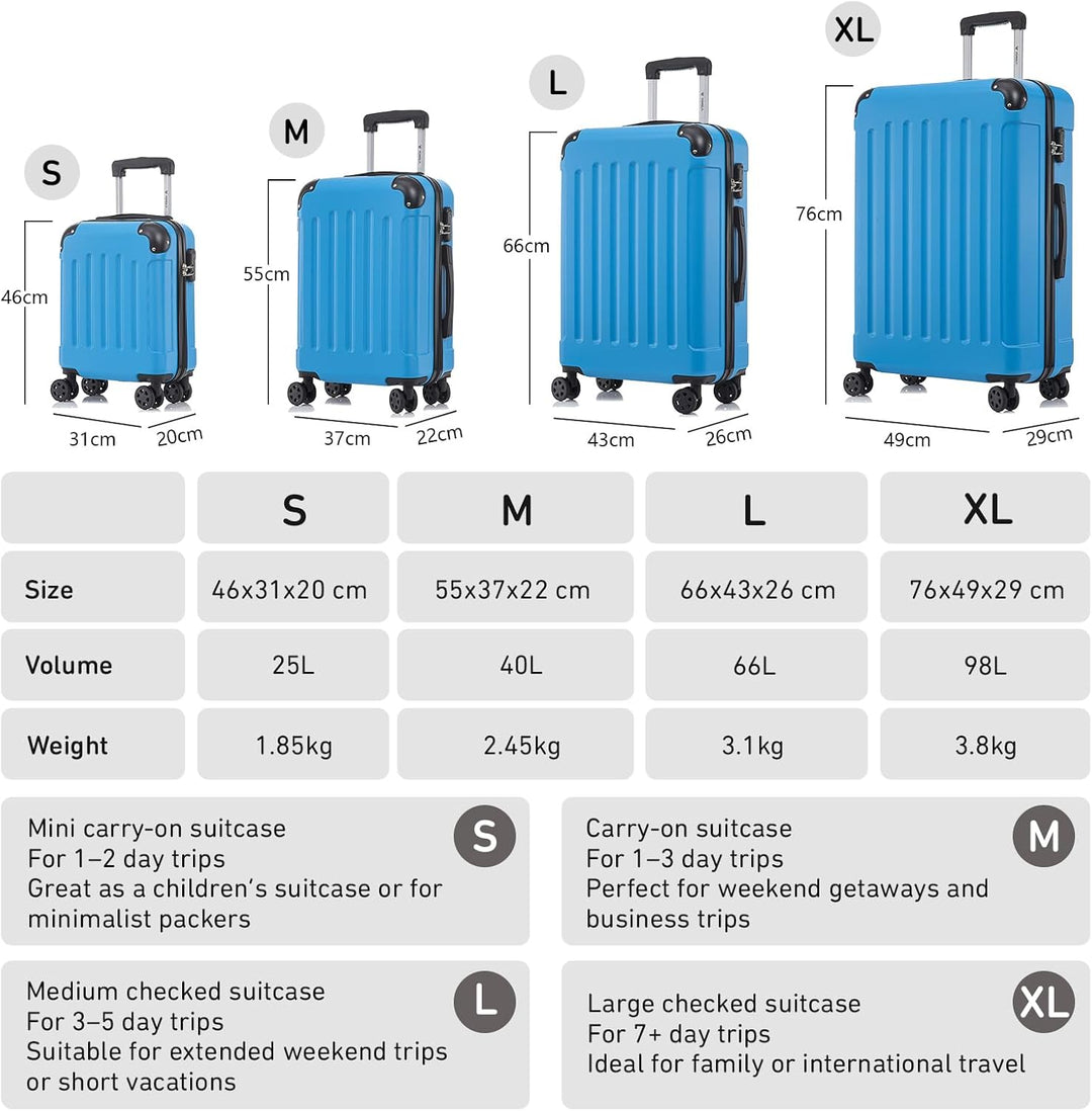 Koffer Suitcase M Blau, Trolley Reisekoffer, Rollkoffer Handgepäck, Kabinenkoffer mit 4 Rollen 360°,