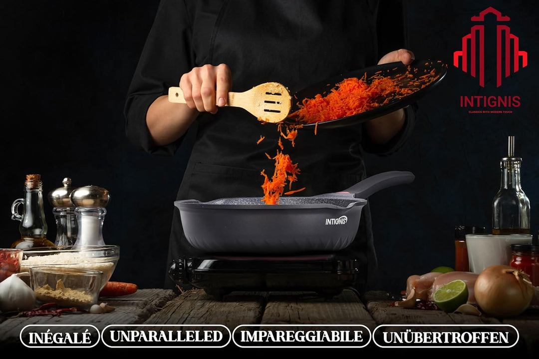 INTIGNIS Premium-Bratpfanne mit Deckel, Kratzfest, 28 cm, Extra Tief, Kompatibel mit allen Herdarten