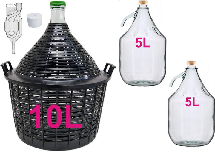 lilawelt24 WEINSET 10 L GÄRBALLON + 2X 5 L Flasche, GLASBALLON WEINBALLON Gärröhrchen