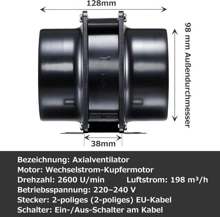 Moonjor 100mm Axial Rohrventilator, 119m³/h Abluftventilator Kanalventilator mit Ein-Aus Schalter fü