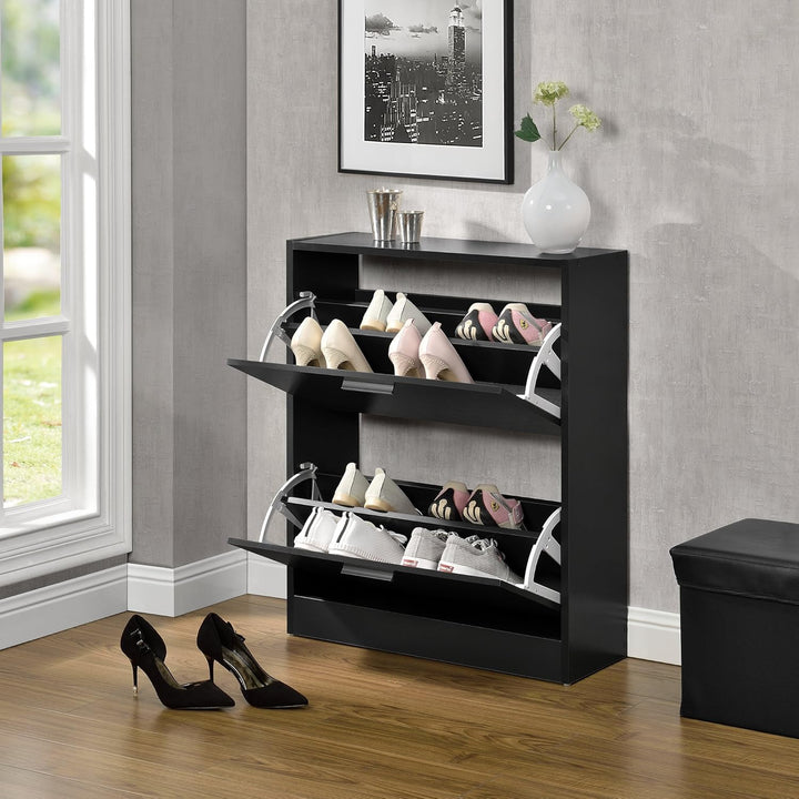 [en.casa] Schuhschrank Sykkylven Schuhkipper mit 2 Klappen Schuhkommode für 12 Paar Schuhe 81 x 63 x