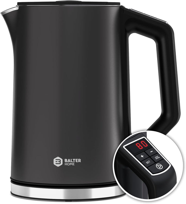 BALTER Edelstahl Wasserkocher mit Temperatureinstellung, 40°C-100°C, Doppelwand, BPA frei, leise & k