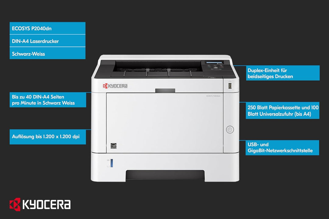 Kyocera Klimaschutz-System Ecosys P2040dn Laserdrucker: Schwarz-Weiss, Duplex-Einheit, 40 Seiten pro