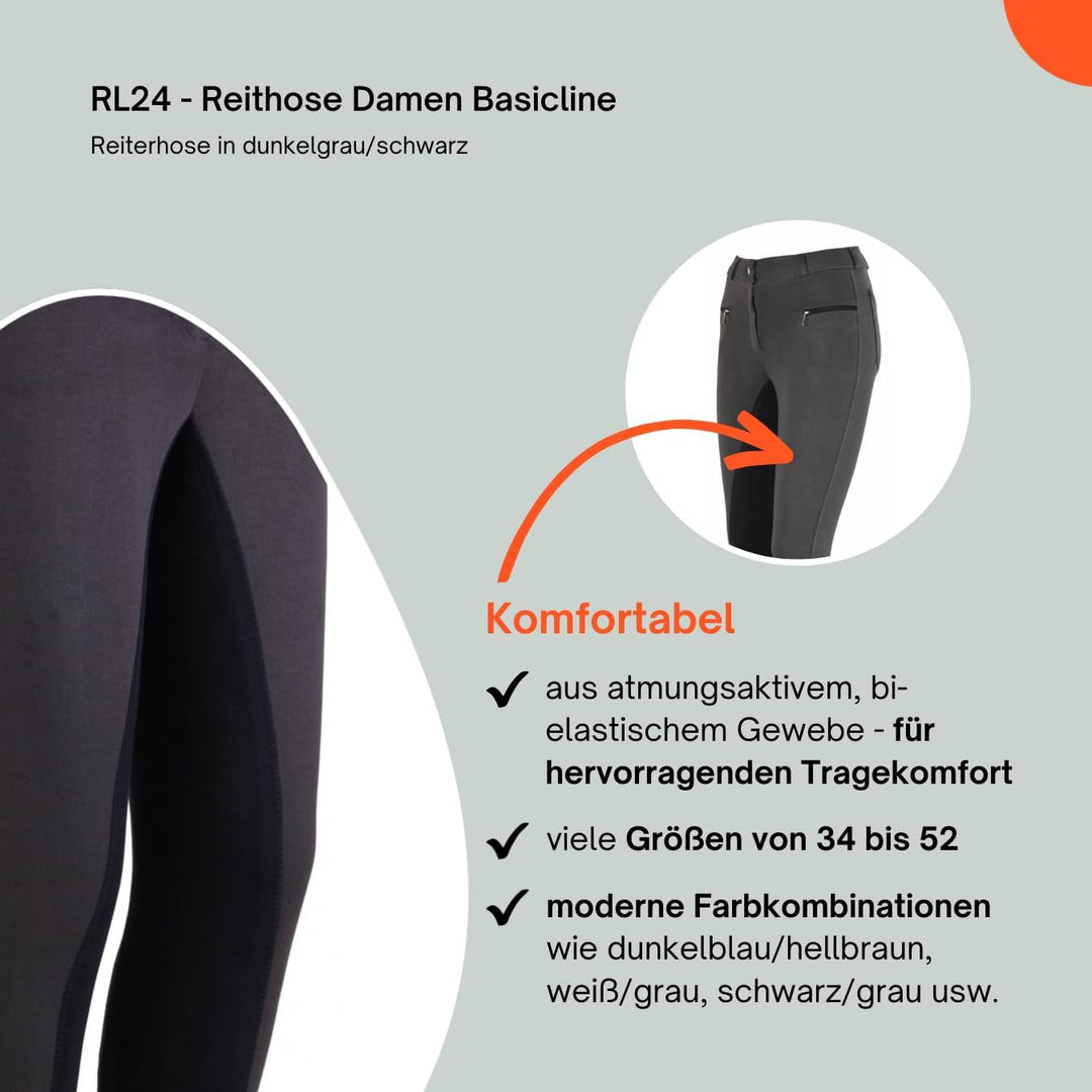 RL24 Damen Reithose Vollbesatz Flex BASICLINE 38 Dunkelgrau/Schwarz, 38 Dunkelgrau/Schwarz