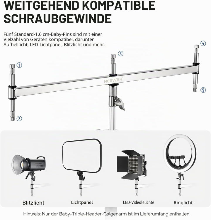 NEEWER klein Galgenarm mit Dreifach Kopf Adapter für C Stand/Lichtstativ, fünf 5/8" Mini Stiften, fü