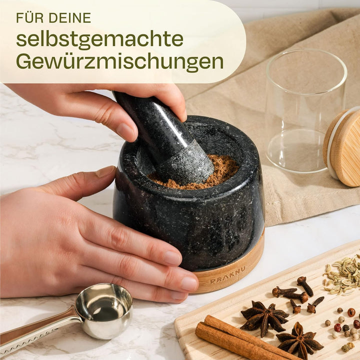 Mörser aus Granit klein mit Stössel - Für ein feines Mahlergebnis - Mit Untersetzer aus nachhaltigem