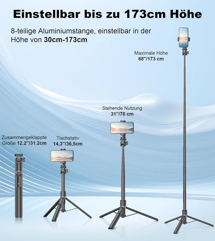 Gahenwo 173cm Selfie Stick Stativ, Einbeinstativ Tripod für Action-Kamera, All-in-1 Handy Stativ mit
