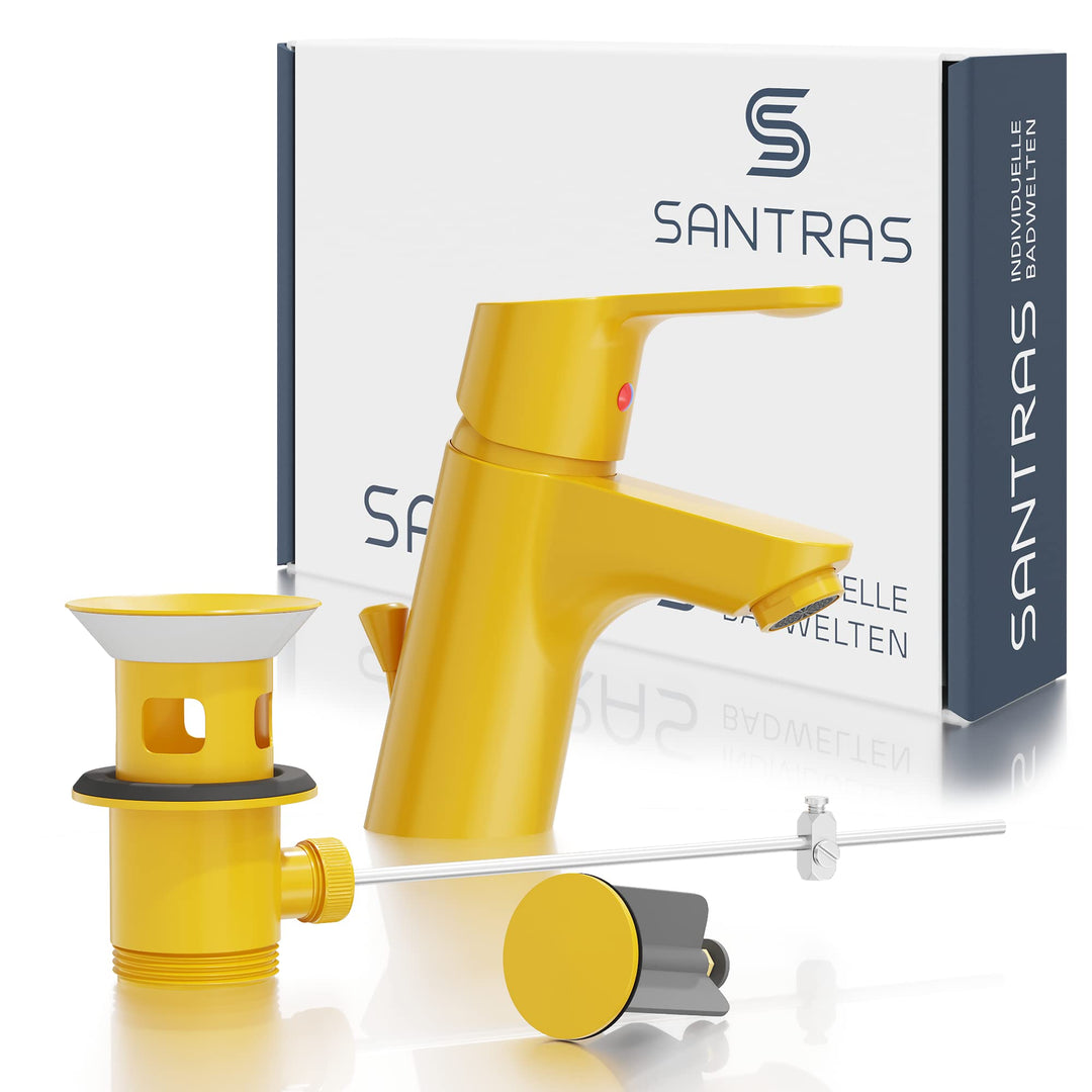 SANTRAS® Waschtischarmatur für das Bad mit Exzenter Ablaufgarnitur und Zugstange in Gelb– Einhebel-M