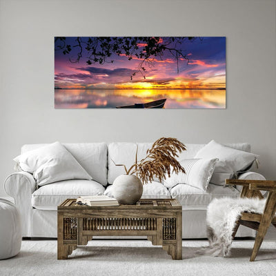 Wandbilder Dekoration Wohnzimmer Boot Sonnenuntergang See Himmel Panorama Bilder auf Leinwand 120x50