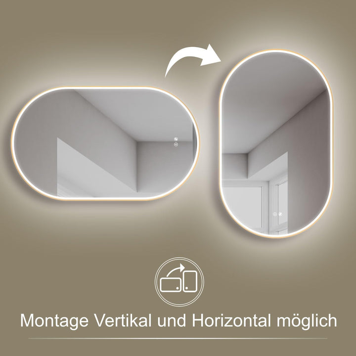 HOKO Badezimmerspiegel LED Oval 50x90 cm / 90x50 cm London mit Rahmen Gold, Anti-Beschlag, energiesp