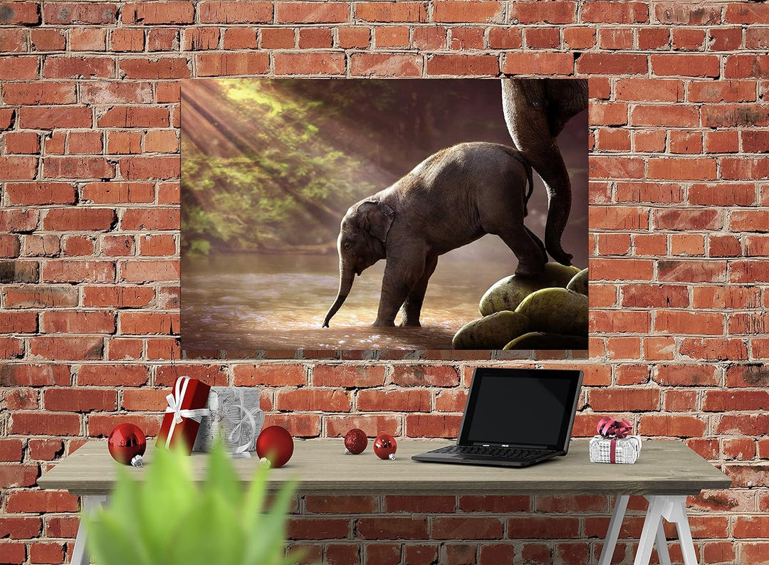 Artley Prints Baby Elefant und Mutter im Wald Leinwanddruck Tier-Wandkunst Bilder Home Office Decor