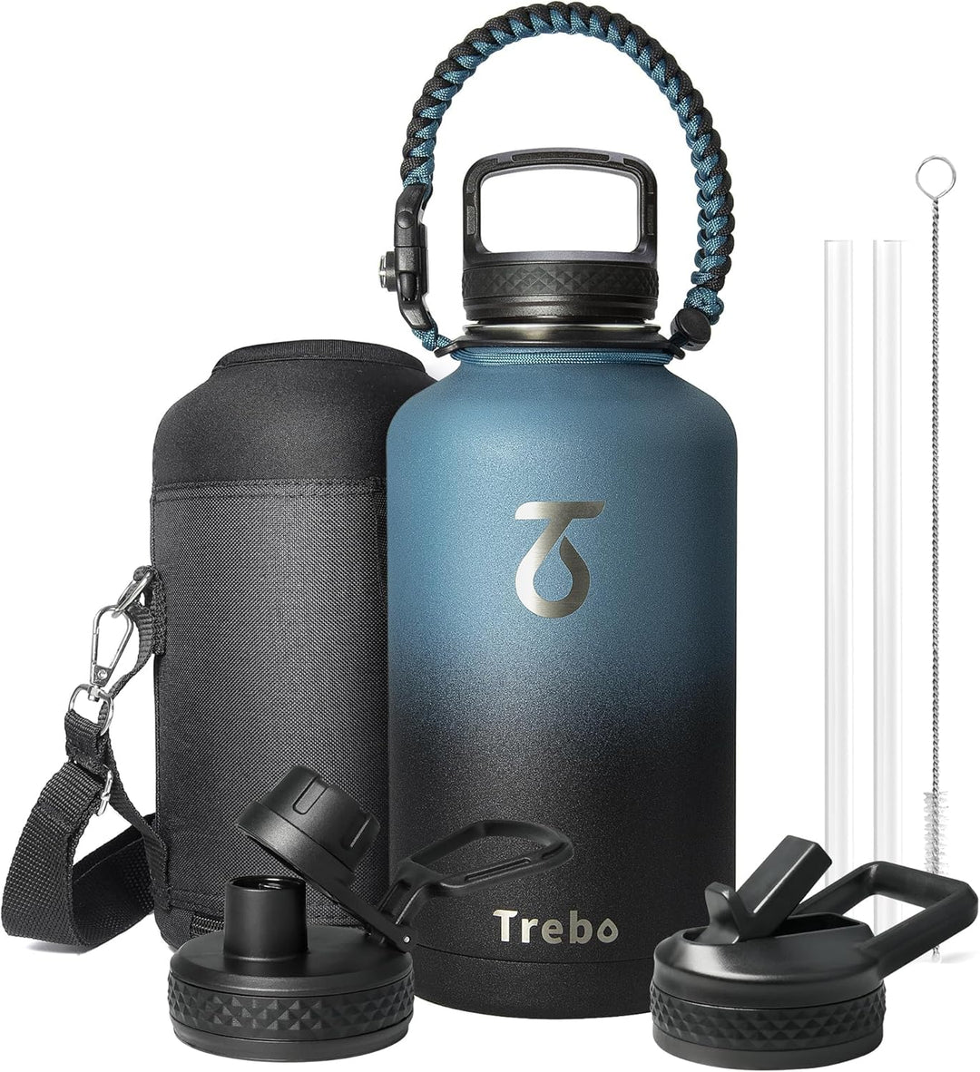 Trebo Isolierte Wasserflasche mit Paracord-Griff, lebensmittelecht, doppelwandig, vakuumiert, Edelst