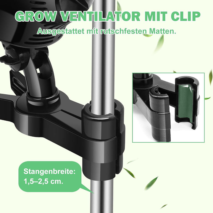 Oszillierender Grow Ventilator mit 2 Stufen, Clip Lüfter 20W | Stabiler Metallschutzgitter, Hitzebes