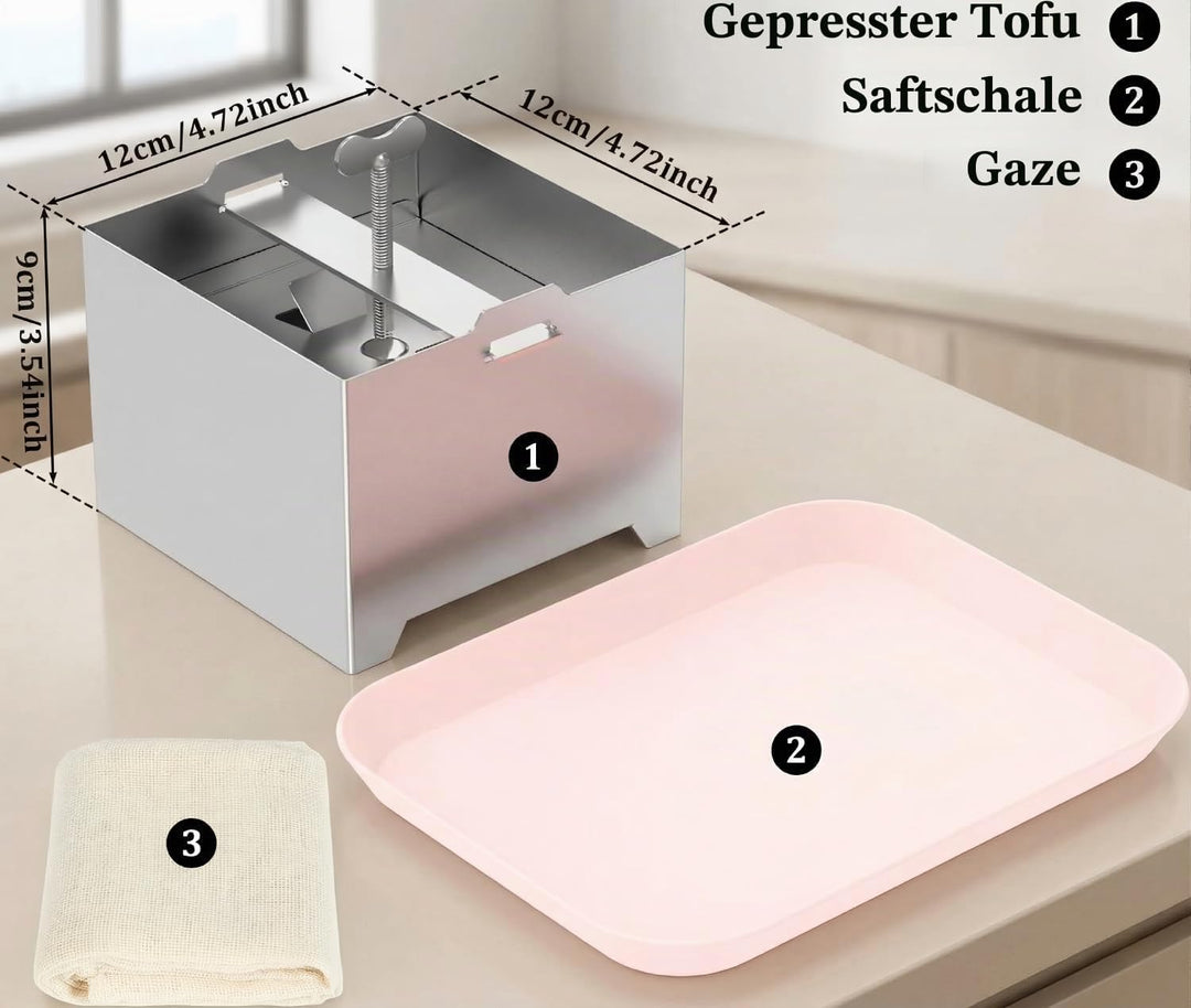 Tofupresse, Tofupresse aus Edelstahl, lebensmittelechtes Material, spülmaschinenfest, inklusive 1 Ta
