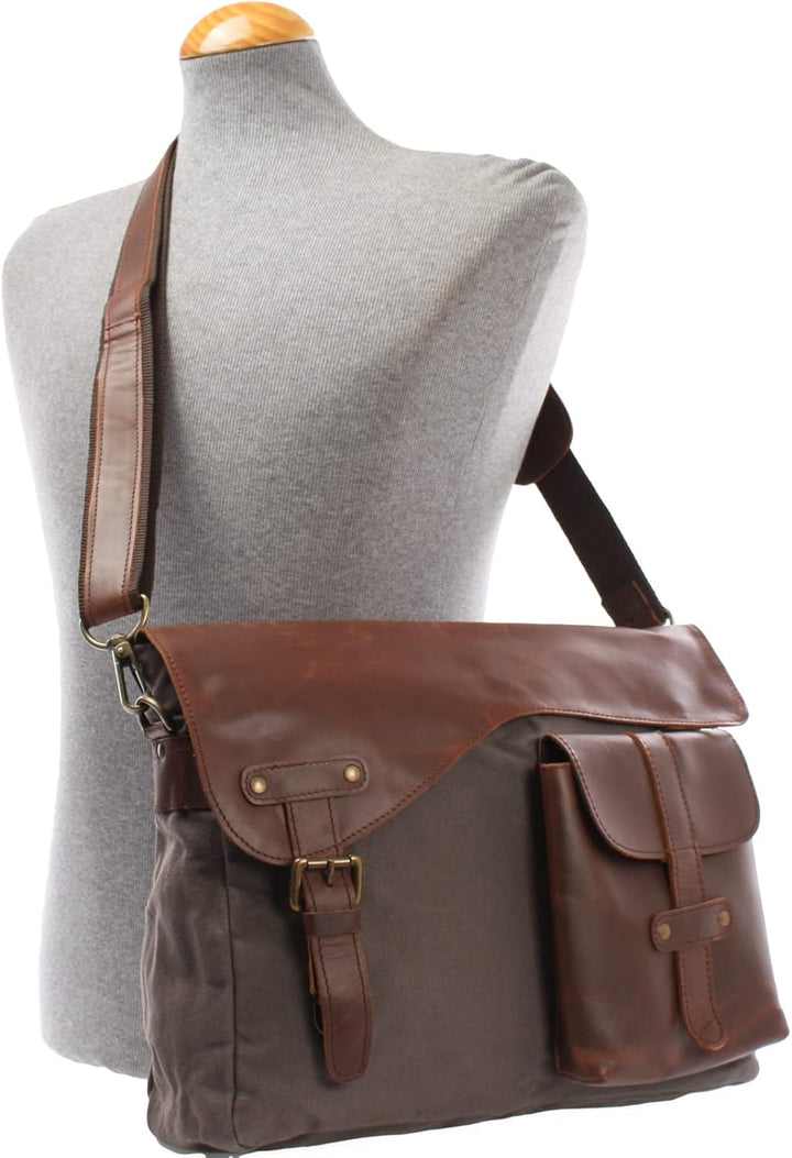 LECONI Messenger Bag DIN A4 Leder Canvas Damen & Herren Schultasche Retro look Collegetasche Umhänge