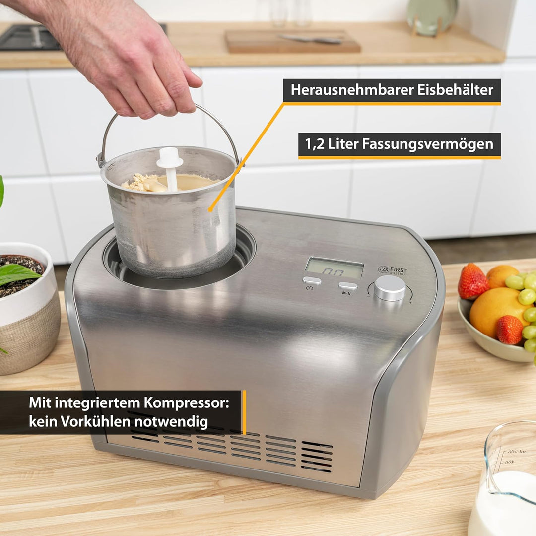TZS First Austria Eismaschine mit Kompressor | Ice Cream Maker selbstkühlend mit entnehmbarem 1,2 Li