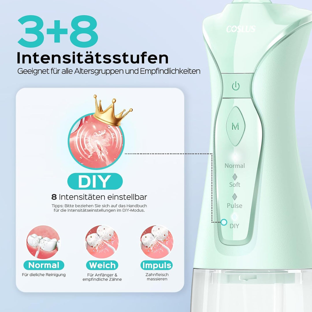 COSLUS Munddusche Kabellos Elektrischer Zahnreiniger: 4 Modi Tragbare Zahndusche 300ml Wassertank Mu