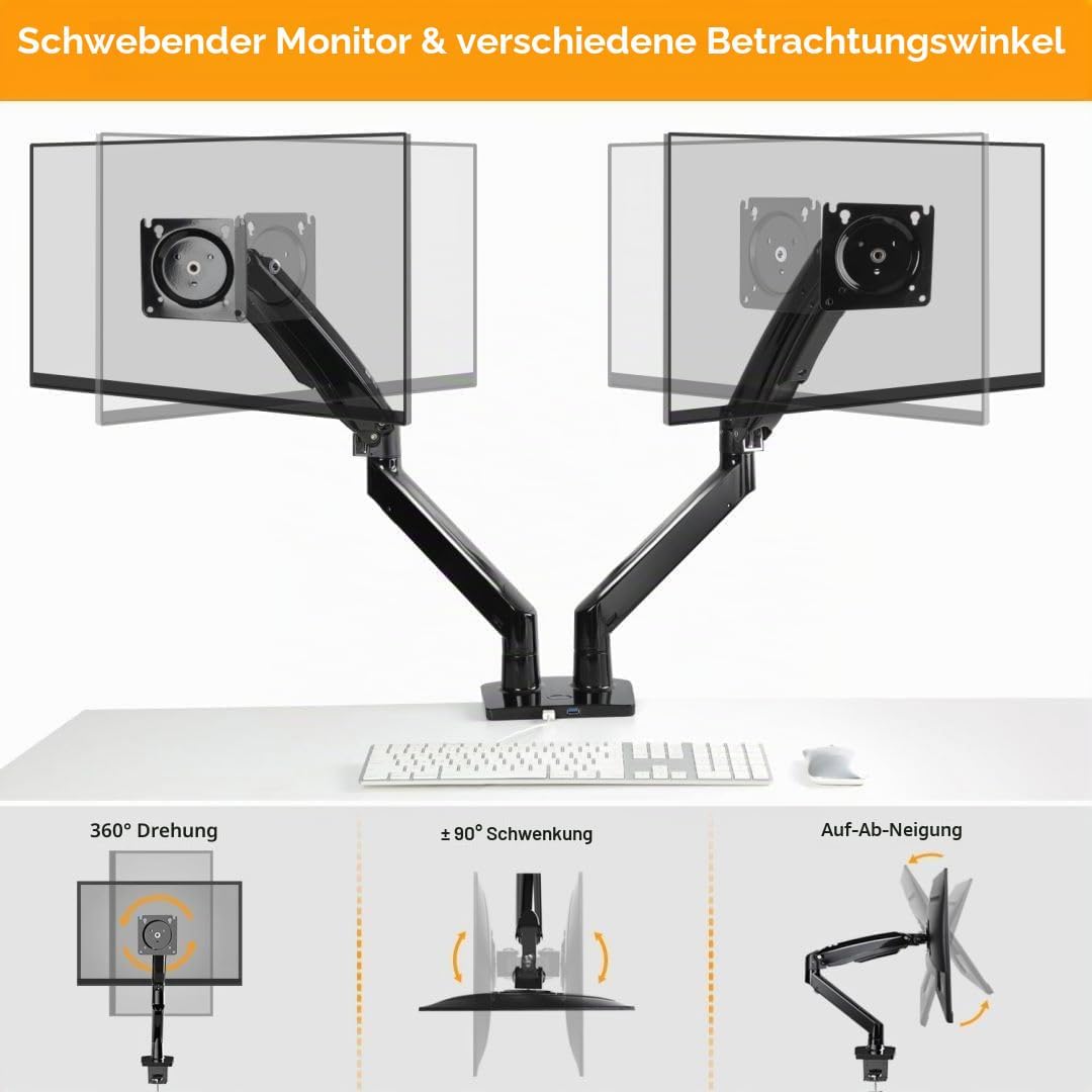 ErGear Monitor Halterung 2 Monitore bis 40 Zoll, Ergonomischer Bildschirmhalterung mit USB-Anschluss