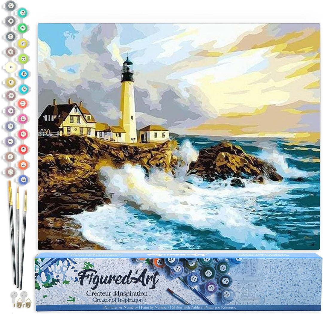 Figured'Art Malen Nach Zahlen Erwachsene Sturm in der Nähe des Leuchtturms - Paint by Numbers Bastel