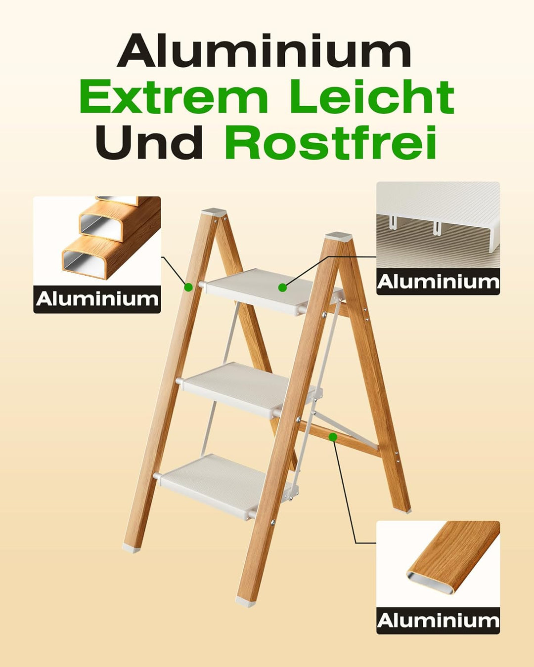Trittleiter 3 Stufen klappbar,150 kg Kapazität mit Anti-Rutsch-Pedal,Tragbarer Tritthocker aus Alu,e