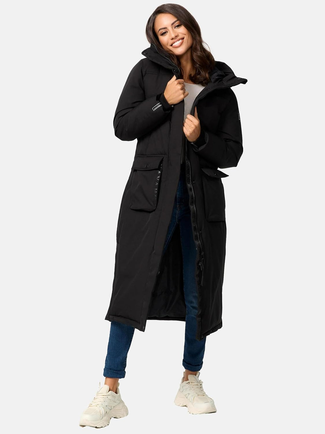Navahoo Damen Wintermantel Warmer Mantel extralang mit Kapuze Wolkenfrost XIV XS-XXL XL Schwarz, XL