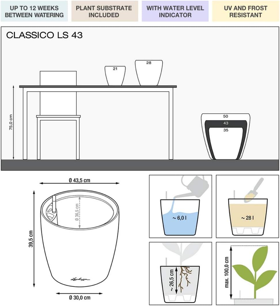 LECHUZA CLASSICO Premium LS 43 schwarz hochglanz 16089 43.5x43.5x39.5 cm Schwarz Hochglanz Einzel, 4
