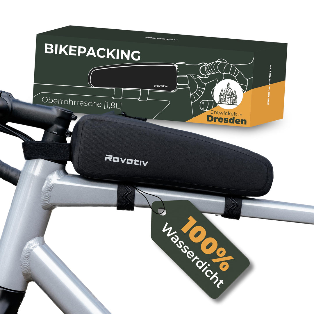 Rovativ® Bikepacking Oberrohrtasche [1,8 Liter] 100% Wasserdicht - Top Tube Bag - extra Fester Halt