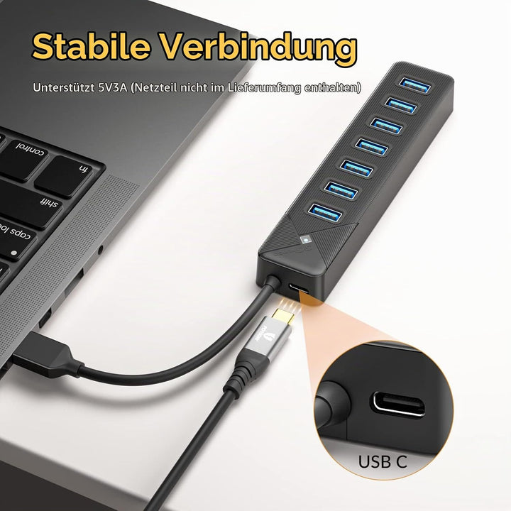 GiGimundo PG7U USB Hub 3.0, 7-Port USB Verteiler, 15CM Kurz Kabel mit 5V/3A Stromeingang, Mehrfach U