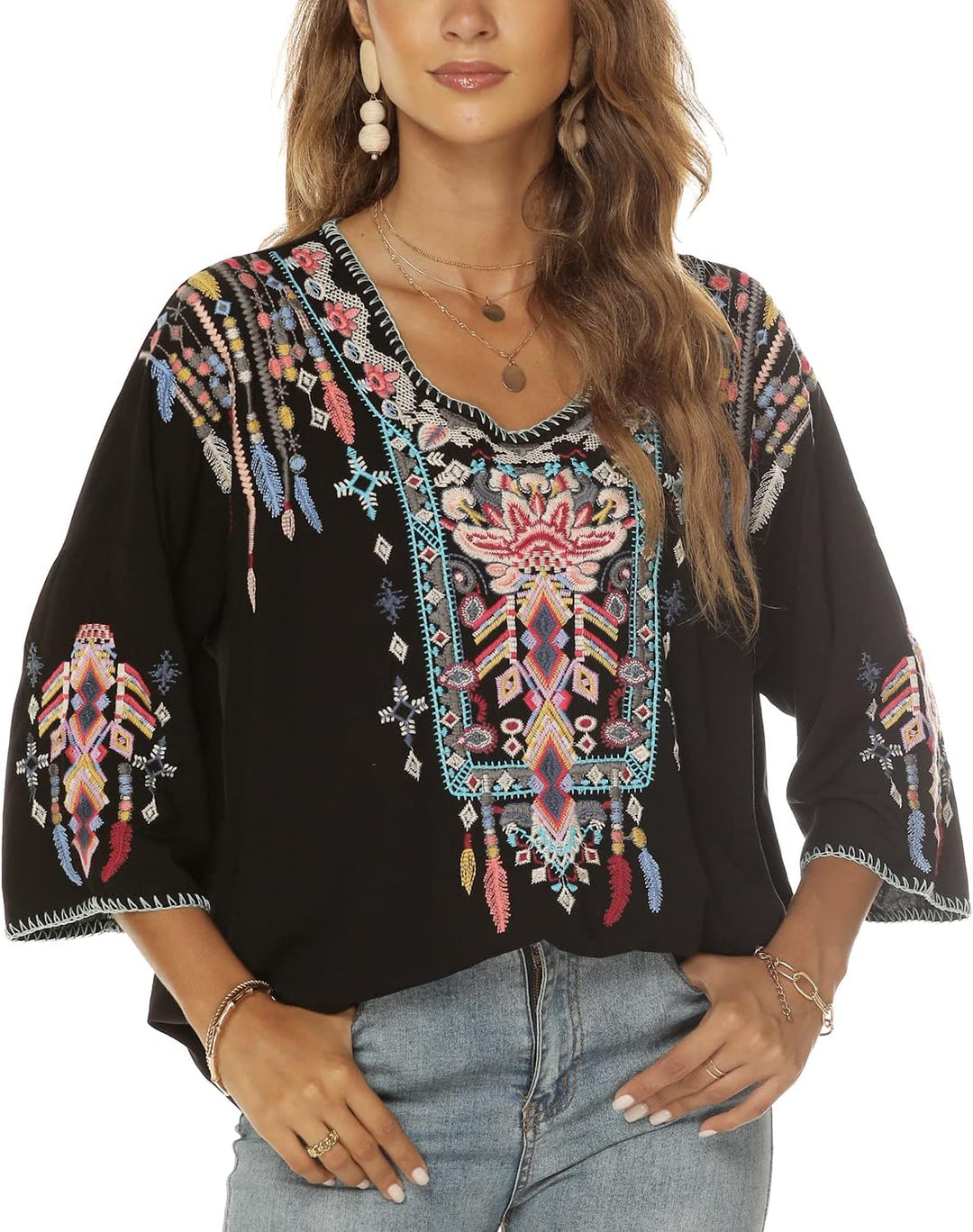 Vakakado boho Stickerei Bluse hippie Kleidung Damen 70er 80er Jahre Bekleidung bohemian Folklore Bes