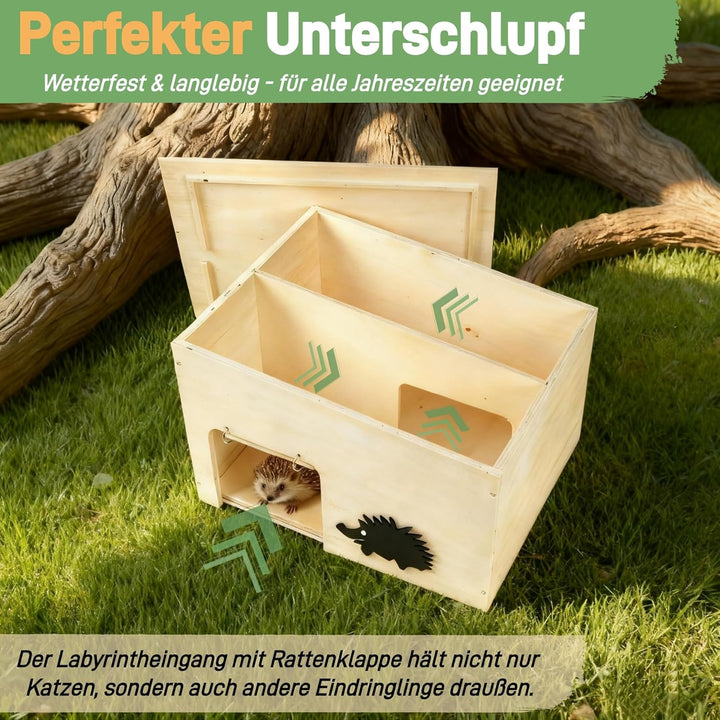 Igelhaus Holz mit Rattenklappe, Gross Igelhotel mit Boden und Labyrintheingang - Igelhütte Hedgehog