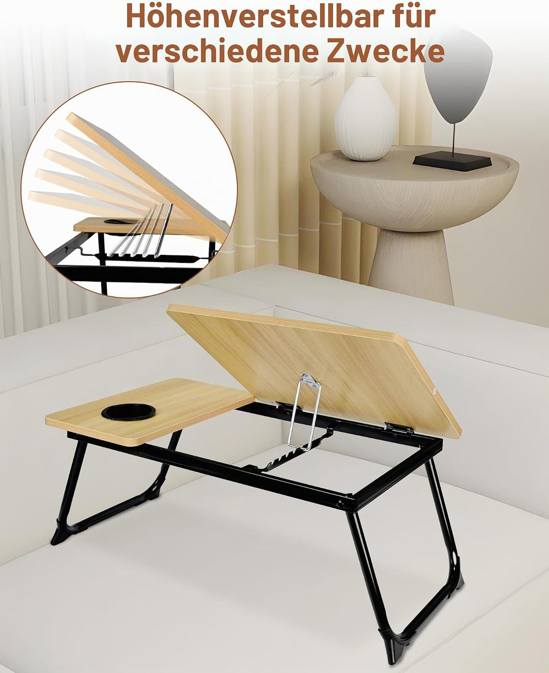 Klapptisch und Bett-Tisch 55,5x32x25cm - Frühstückstablett mit Leseablage und Getränkehalter, 5 vers