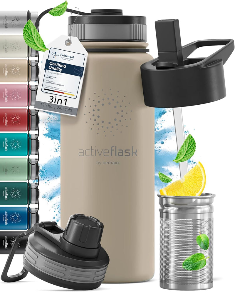 Trinkflasche Edelstahl ACTIVE FLASK + Strohhalm (3 Deckel) BPA-frei, Auslaufsicher, Kohlensäure geei
