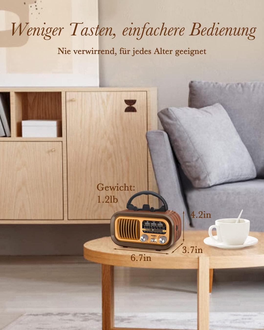 PRUNUS J-150 AM/FM/SW Retro Radio Klein, Vintage Radio Betrieben mit 1200mAh Akku oder D-Zellen Batt