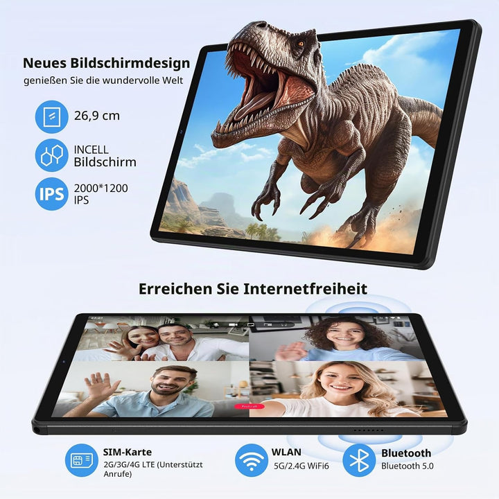 2K 10.6 Zoll Android 15 Tablet, 4G LTE+5G WiFi, 36GB RAM+512GB ROM (2TB TF), Octa-Core, 2000 * 1200F