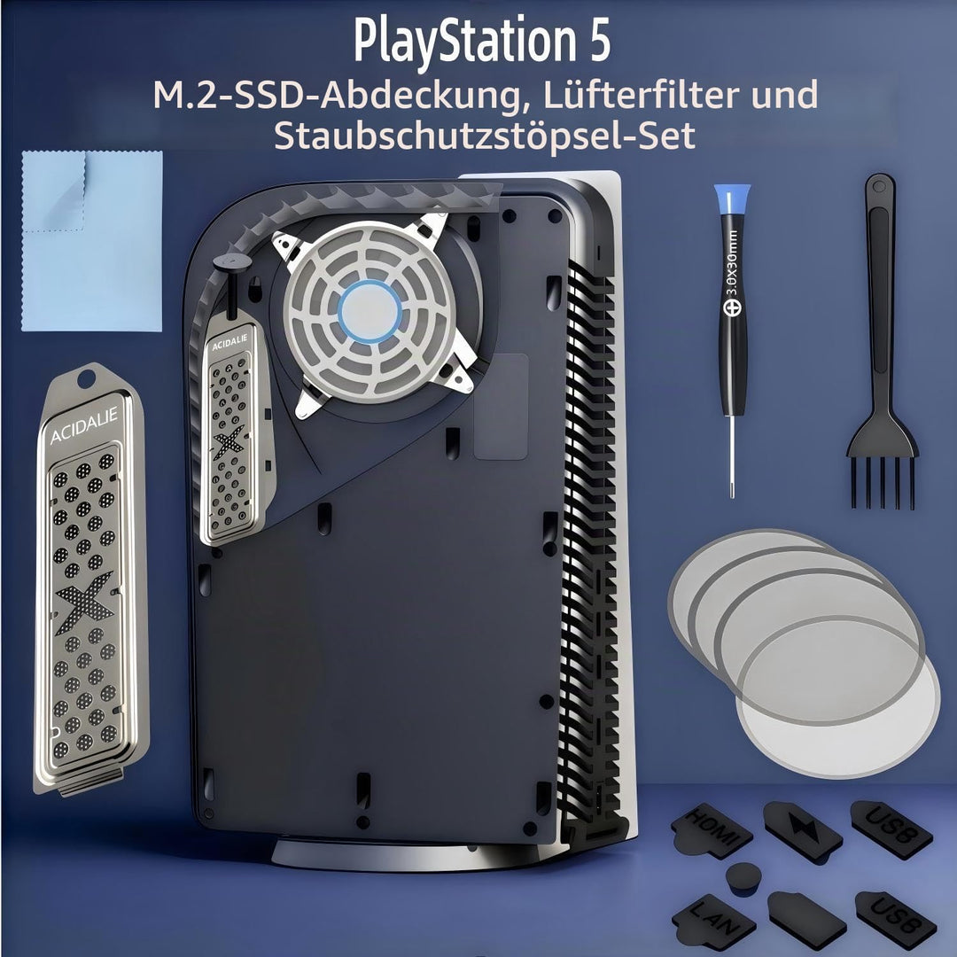 PS5 Staubschutz und Kühlung Kit, Premium Mesh Filtersystem mit Port Plugs, High Density Breathable D